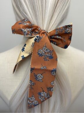 Rust Brown Floral Skinny Scarf Reversible Twilly Hair Scarf